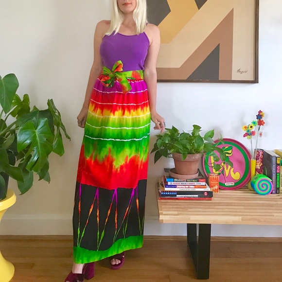 Vintage 70s psychedelic rainbow maxi skirt S-M - Picture 2 of 5
